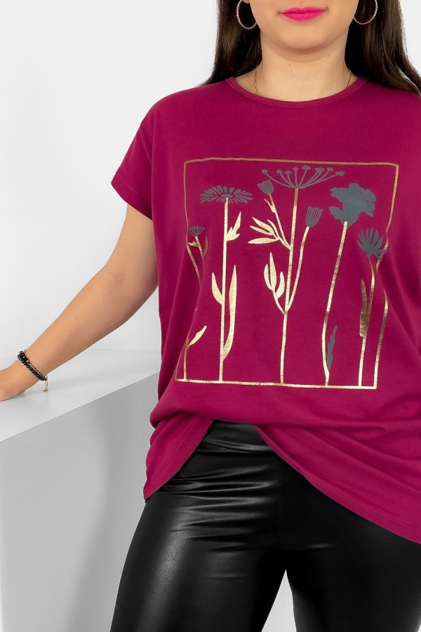 T-shirt damski plus size nietoperz w kolorze rubinowym kwiaty flowers Feen 1