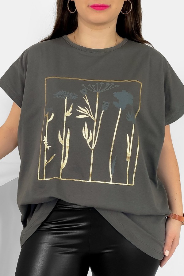 T-shirt damski plus size nietoperz w kolorze beżowego grafitu kwiaty flowers Feen