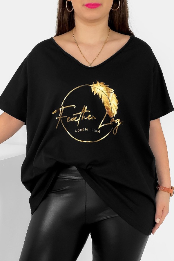 Bluzka damska T-shirt plus size w kolorze czarnym złoty nadruk piórko feather