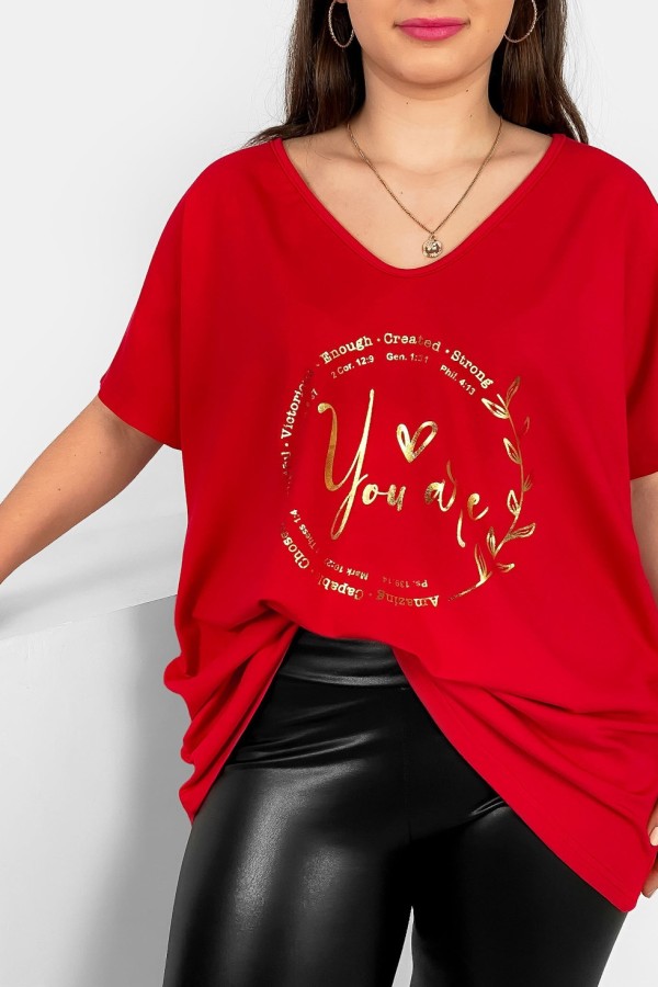 Bluzka damska T-shirt plus size w kolorze czerwonym złoty nadruk napisy You Are 1