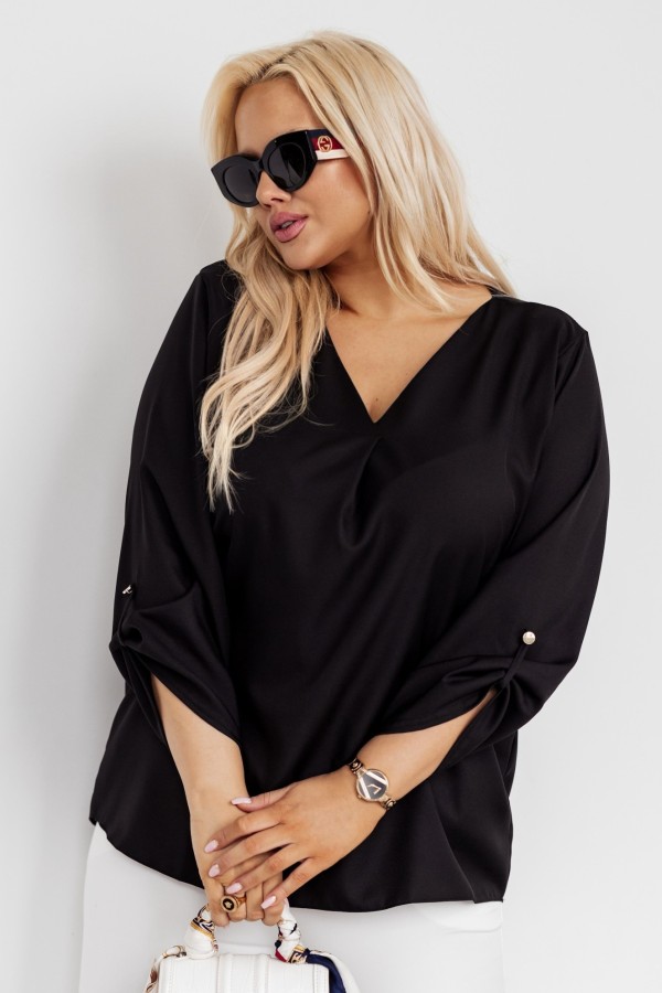 Elegancka bluzka koszulowa plus size w kolorze czarnym dekolt V podpinany rękaw Milan