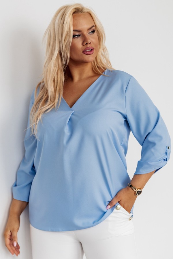 Elegancka bluzka koszulowa plus size w kolorze błękitnym dekolt V podpinany rękaw Milan