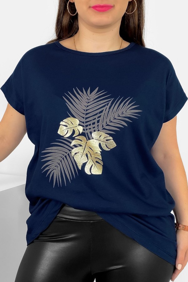 T-shirt damski plus size nietoperz w kolorze dark navy liście palmy Leo