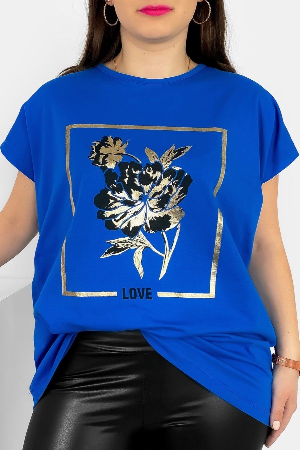 T-shirt damski plus size nietoperz w kolorze niebieskim kwiat love Onew