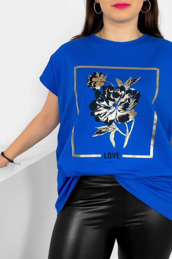 T-shirt damski plus size nietoperz w kolorze niebieskim kwiat love Onew 1