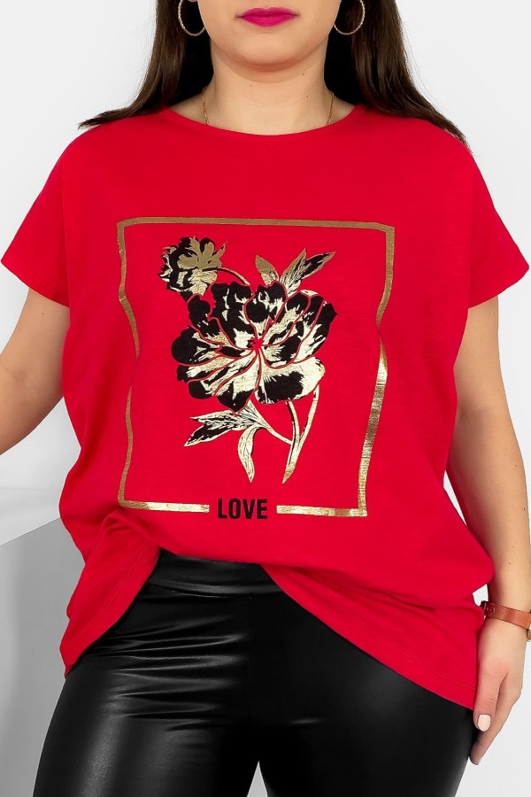 T-shirt damski plus size nietoperz w kolorze czerwonym kwiat love Onew 2