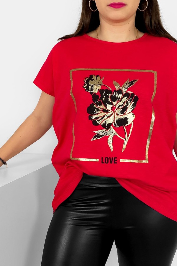 T-shirt damski plus size nietoperz w kolorze czerwonym kwiat love Onew 1