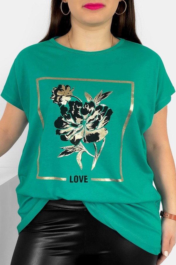 T-shirt damski plus size nietoperz w kolorze morskiej zieleni kwiat love Onew