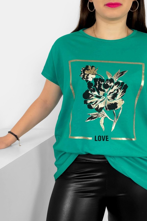 T-shirt damski plus size nietoperz w kolorze morskiej zieleni kwiat love Onew 1