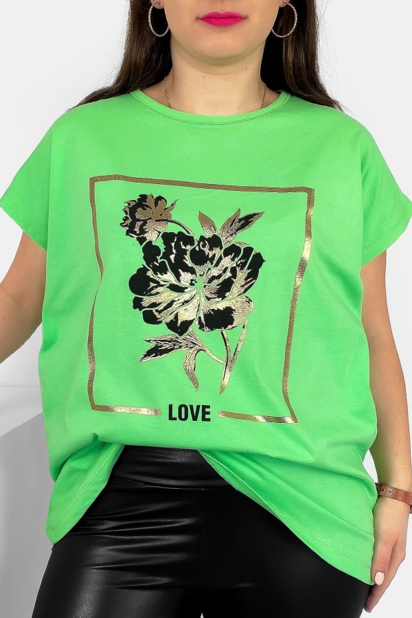 T-shirt damski plus size nietoperz w kolorze jasnej zieleni kwiat love Onew
