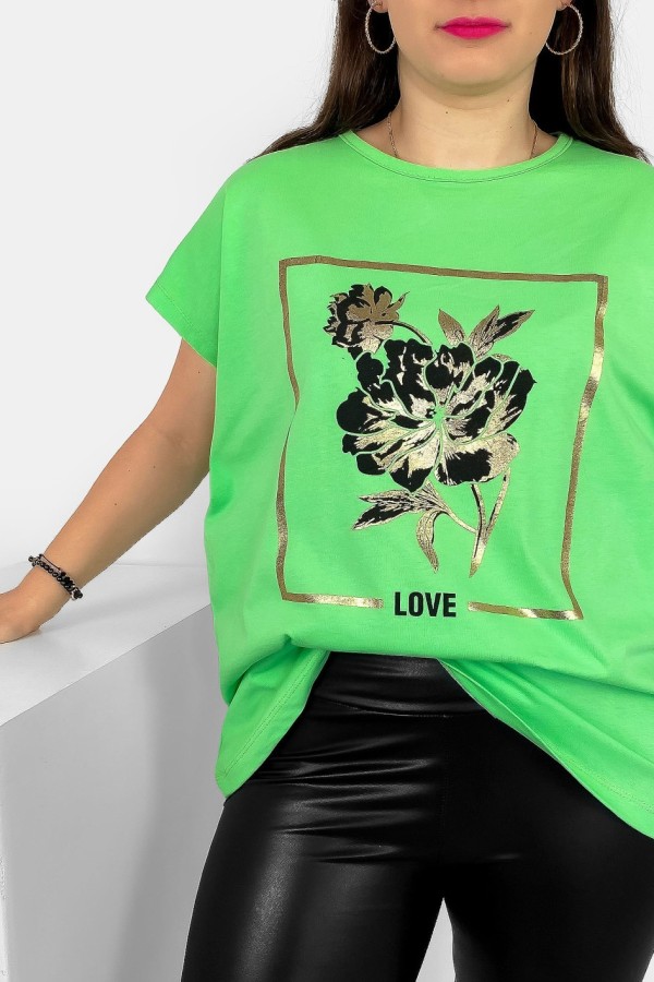 T-shirt damski plus size nietoperz w kolorze jasnej zieleni kwiat love Onew 1