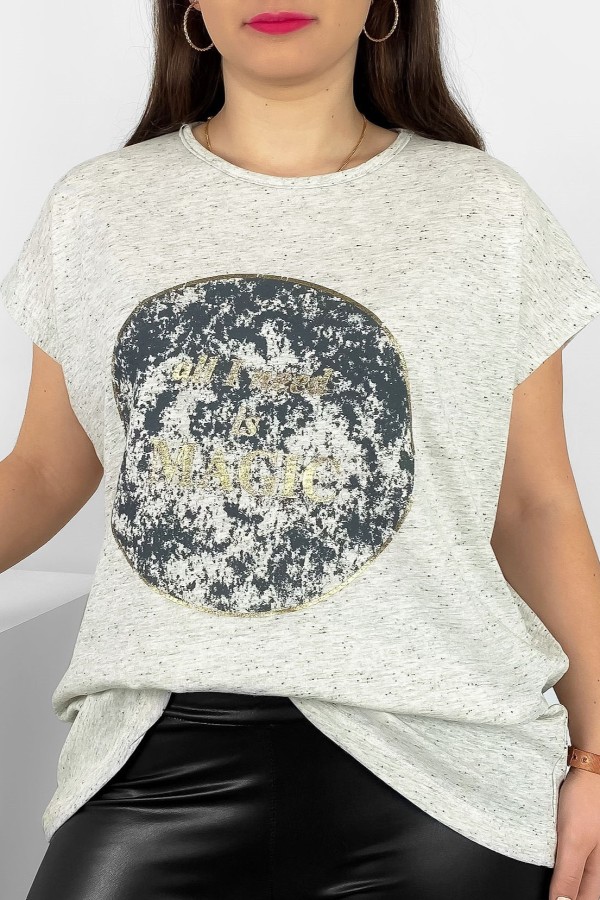 T-shirt damski plus size nietoperz w kolorze beżowego melanżu magic Torro