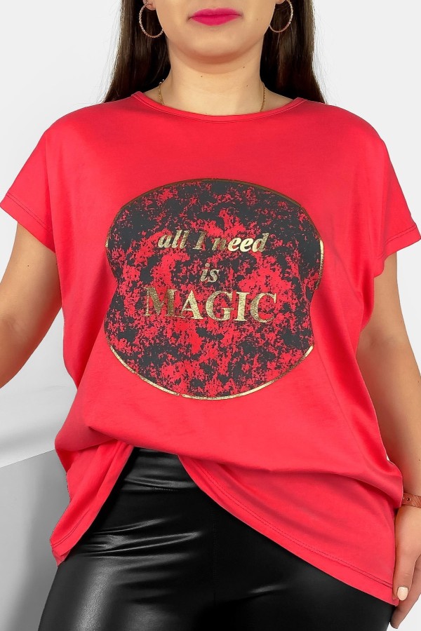T-shirt damski plus size nietoperz w kolorze koralowym magic Torro