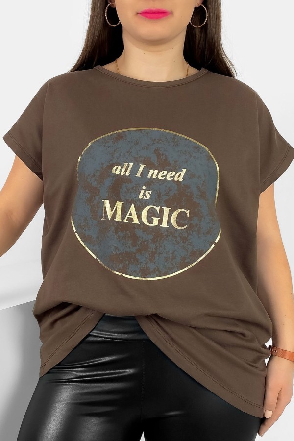 T-shirt damski plus size nietoperz w kolorze brązowym magic Torro
