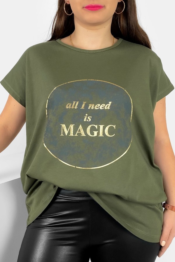 T-shirt damski plus size nietoperz w kolorze khaki magic Torro