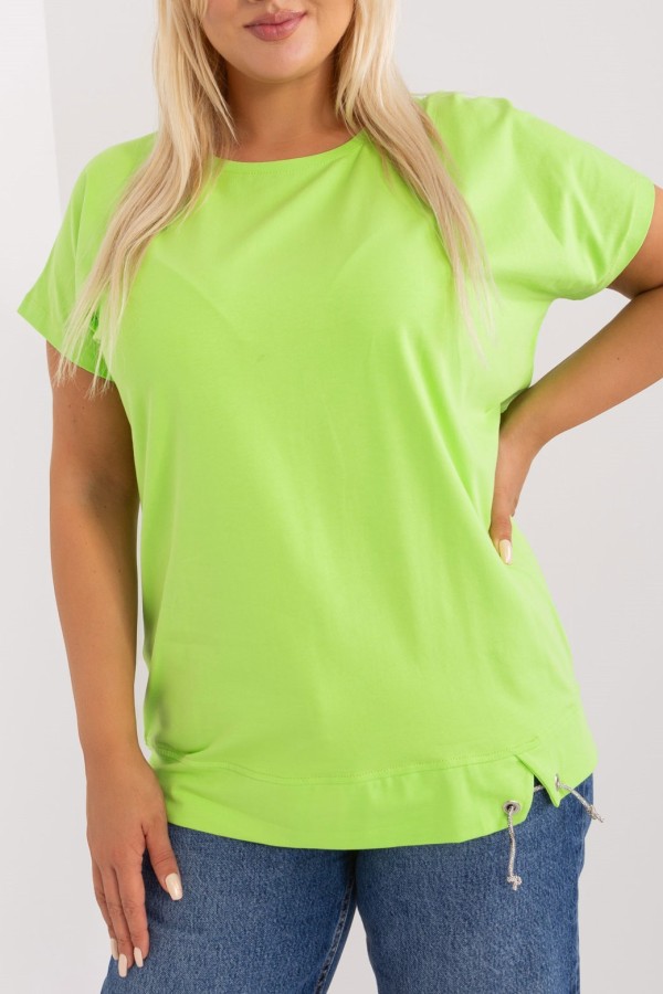Bluzka damska T-SHIRT plus size w kolorze limonkowym rozcięcie ozdobny sznureczek Paige