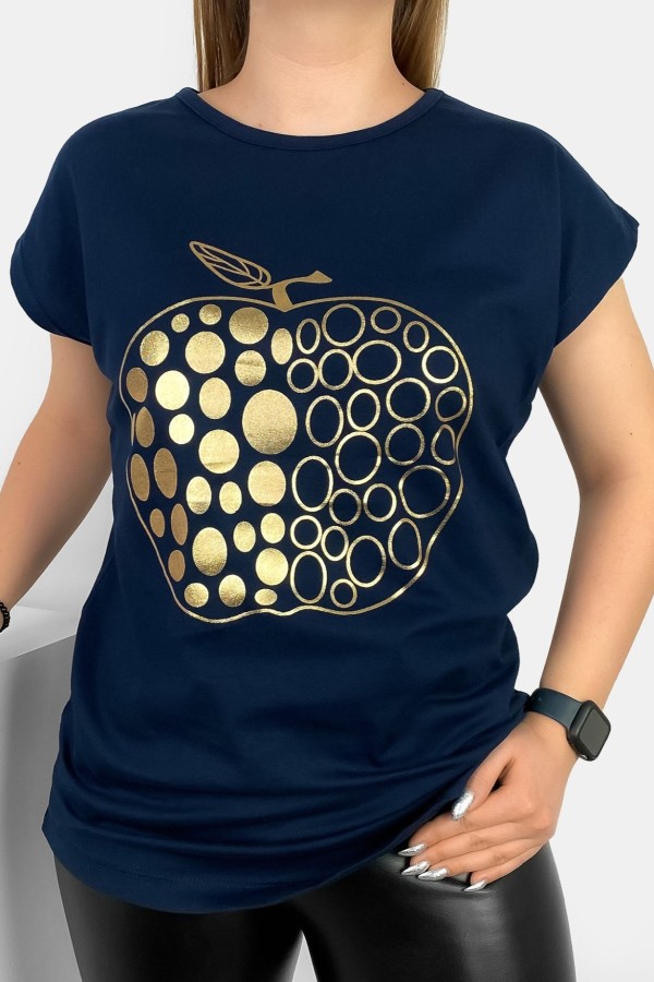 T-shirt damski nietoperz w kolorze granatowym złoty print jabłko