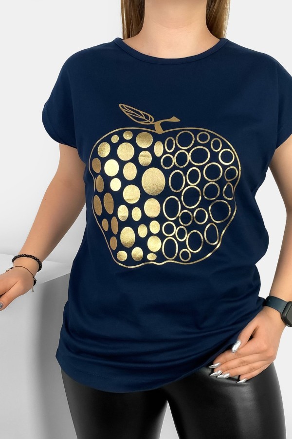 T-shirt damski nietoperz w kolorze granatowym złoty print jabłko 1