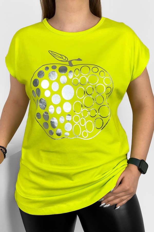 T-shirt damski nietoperz w kolorze limonkowym srebrny print jabłko