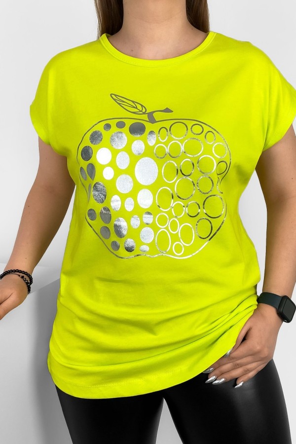 T-shirt damski nietoperz w kolorze limonkowym srebrny print jabłko 1