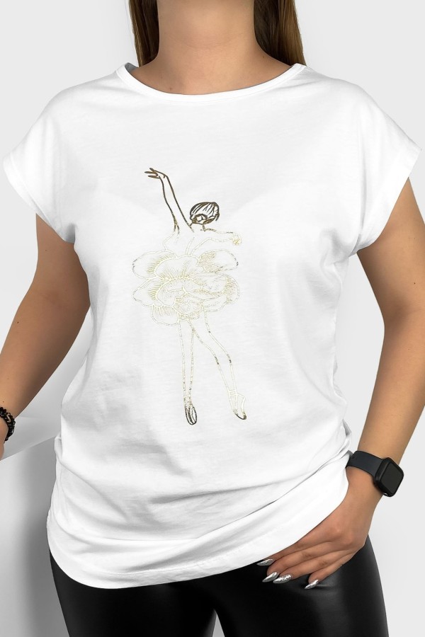 T-shirt damski nietoperz w kolorze białym złoty print baletnica