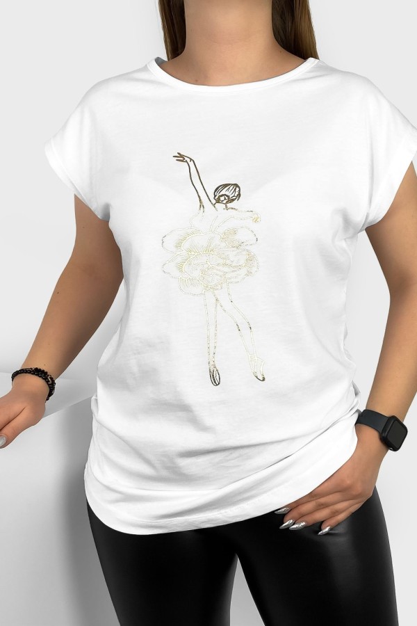 T-shirt damski nietoperz w kolorze białym złoty print baletnica 1