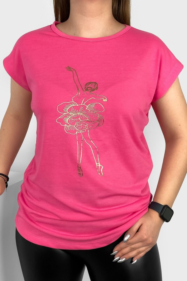 T-shirt damski nietoperz w kolorze różowym złoty print baletnica