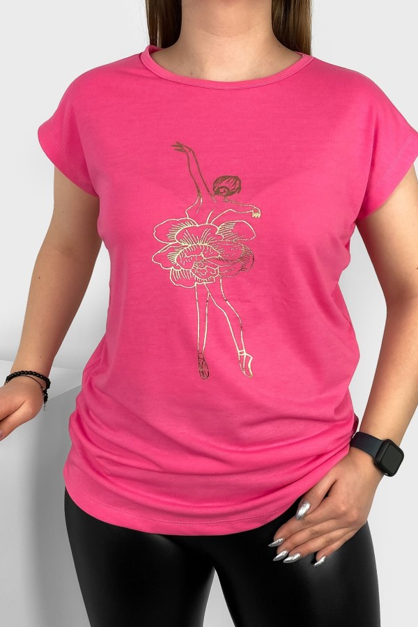 T-shirt damski nietoperz w kolorze różowym złoty print baletnica 1