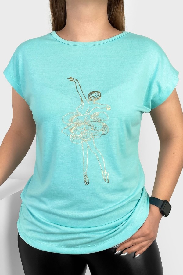 T-shirt damski nietoperz w kolorze turkusowym złoty print baletnica