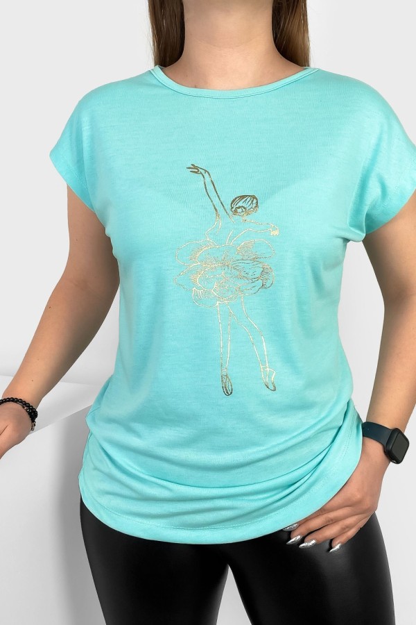 T-shirt damski nietoperz w kolorze turkusowym złoty print baletnica 1