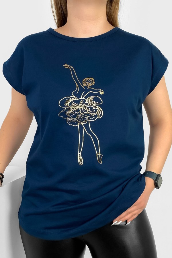 T-shirt damski nietoperz w kolorze granatowym złoty print baletnica