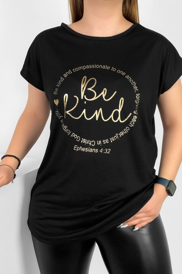 T-shirt damski nietoperz w kolorze czarnym złoty print napisy Be Kind 1