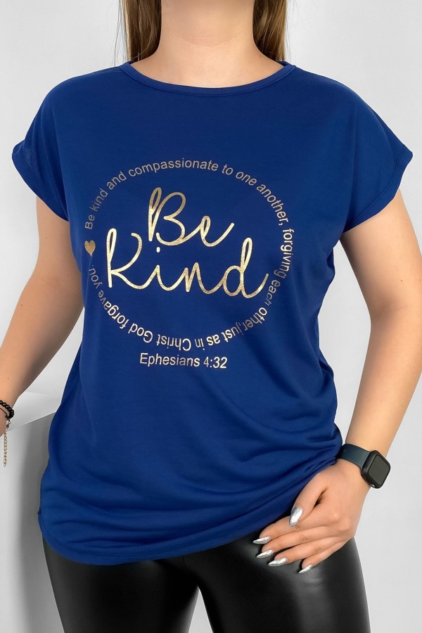 T-shirt damski nietoperz w kolorze dark blue złoty print napisy Be Kind