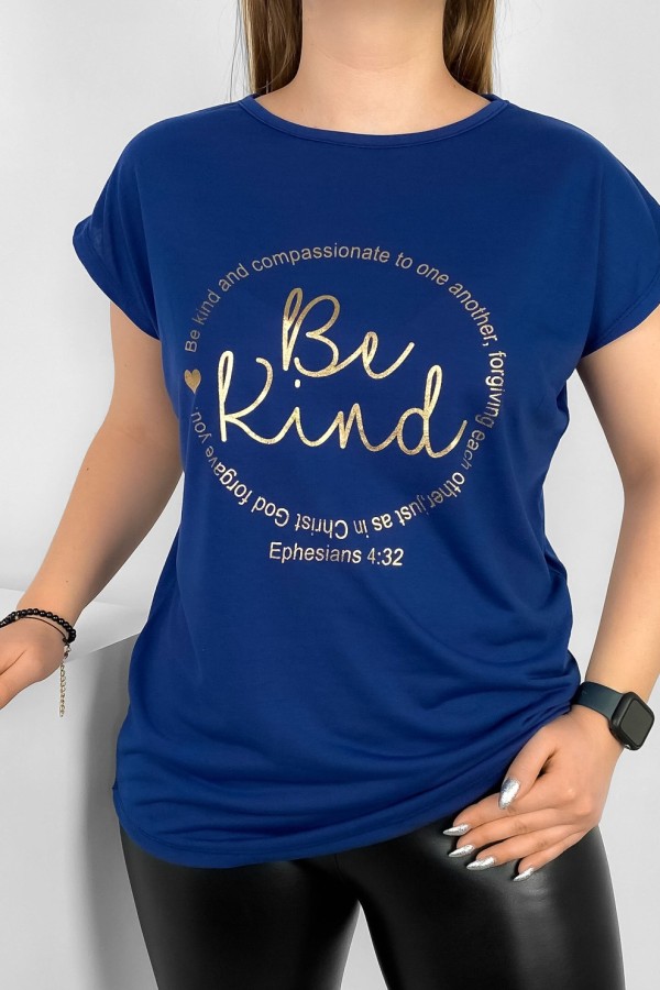 T-shirt damski nietoperz w kolorze dark blue złoty print napisy Be Kind 1
