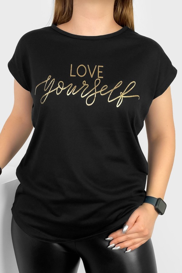 T-shirt damski nietoperz w kolorze czarnym złoty print napis Love Yourself