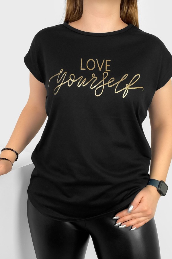 T-shirt damski nietoperz w kolorze czarnym złoty print napis Love Yourself 1