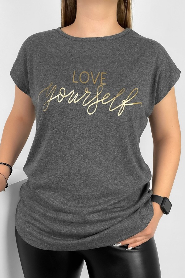 T-shirt damski nietoperz w kolorze grafitowego melanżu złoty print napis Love Yourself