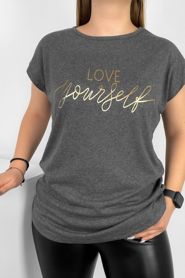 T-shirt damski nietoperz w kolorze grafitowego melanżu złoty print napis Love Yourself 1