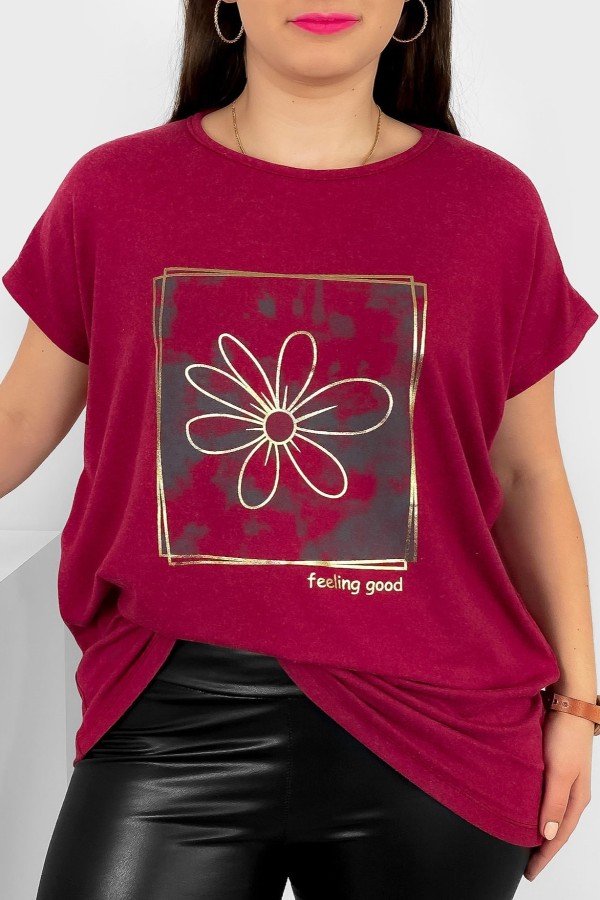 T-shirt damski plus size nietoperz w kolorze bordowego melanżu kwiat w ramce Danny