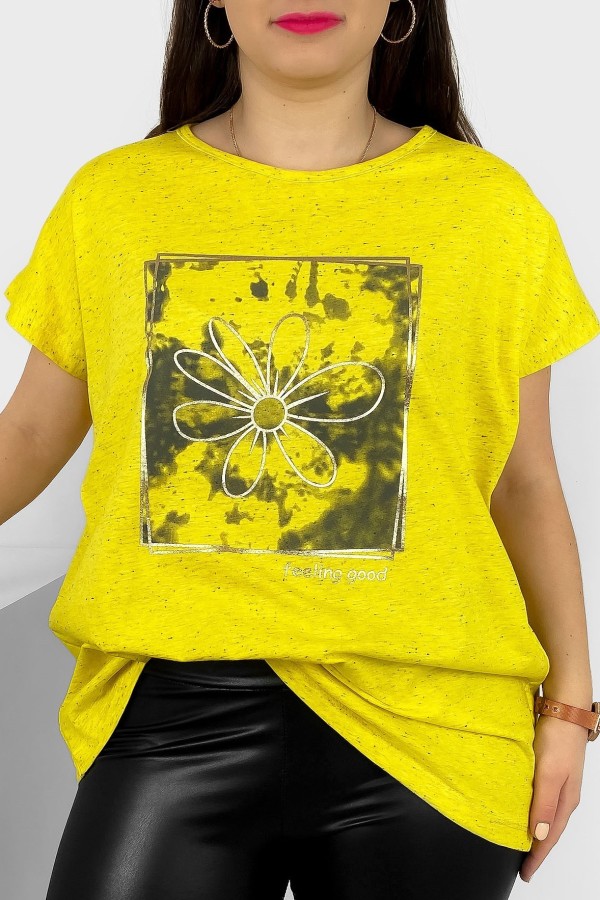 T-shirt damski plus size nietoperz w kolorze żółtego melanżu kwiat w ramce Danny