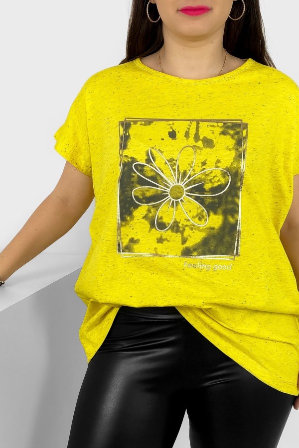 T-shirt damski plus size nietoperz w kolorze żółtego melanżu kwiat w ramce Danny 1