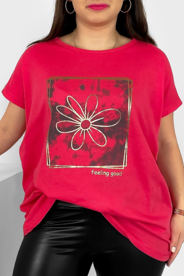 T-shirt damski plus size nietoperz w kolorze malinowym kwiat w ramce Danny