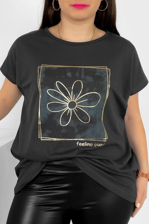 T-shirt damski plus size nietoperz w kolorze grafitowym kwiat w ramce Danny