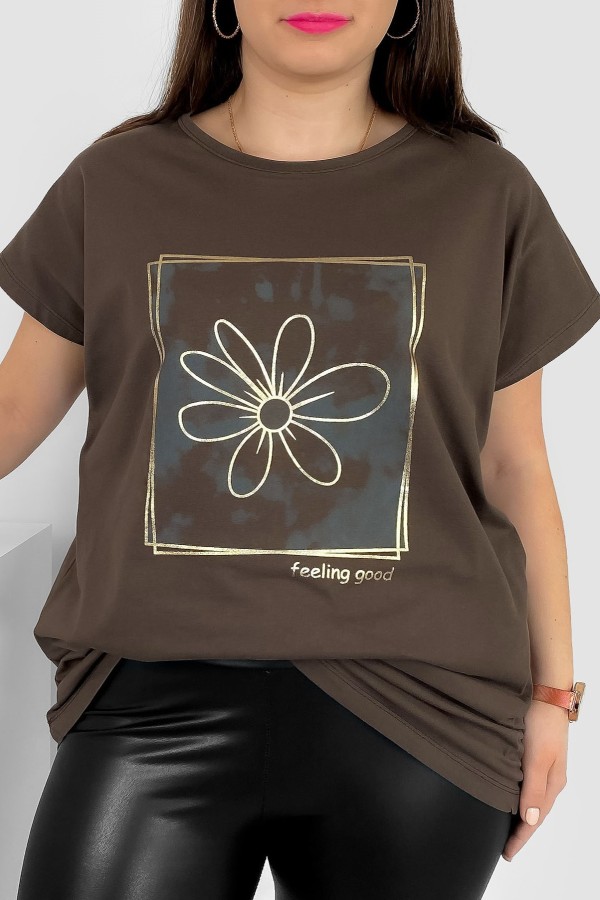 T-shirt damski plus size nietoperz w kolorze brązowym kwiat w ramce Danny