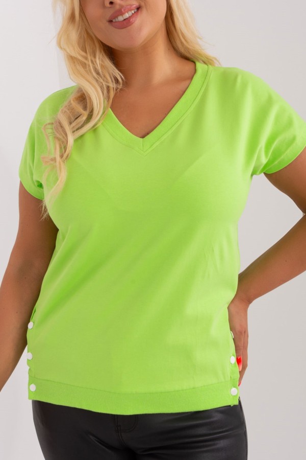 Sportowa bluzka damska plus size w kolorze limonkowym rozcięcia guziki w serek v-neck Varali