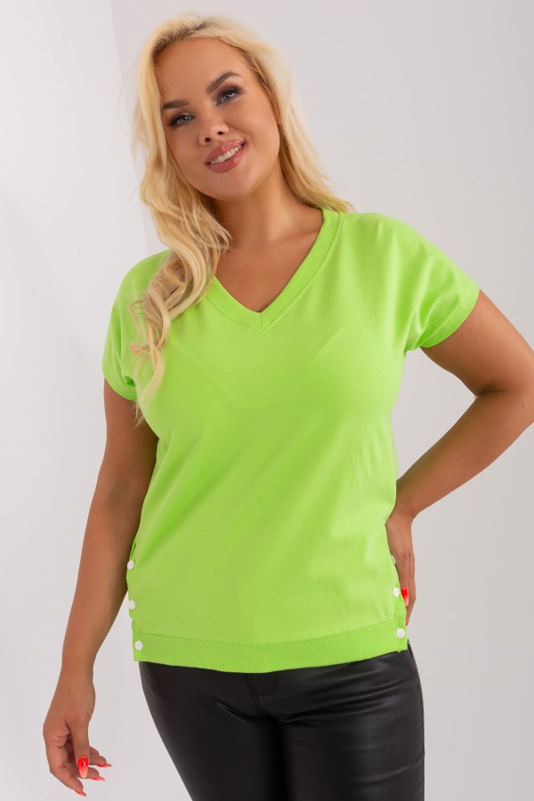 Sportowa bluzka damska plus size w kolorze limonkowym rozcięcia guziki w serek v-neck Varali 3