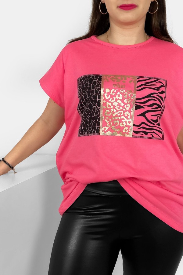T-shirt damski plus size nietoperz w kolorze różowym wzór zwierzęcy Emir 1