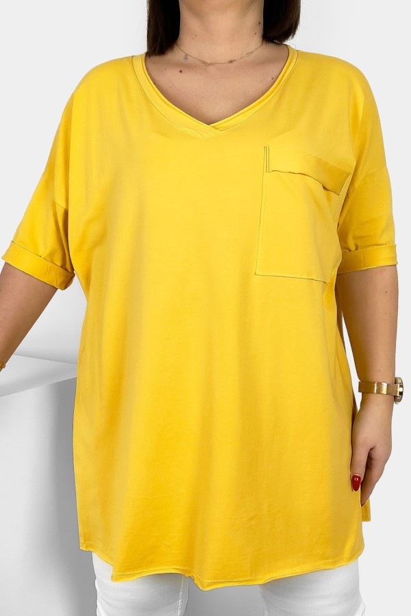Tunika damska w kolorze bananowym bluzka oversize v-neck kieszeń Polina