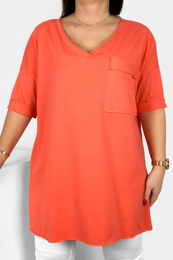 Tunika damska w kolorze brzoskwiniowym peach bluzka oversize v-neck kieszeń Polina