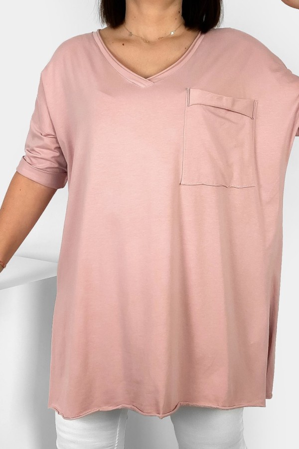 Tunika damska w kolorze pudrowego różu bluzka oversize v-neck kieszeń Polina 1